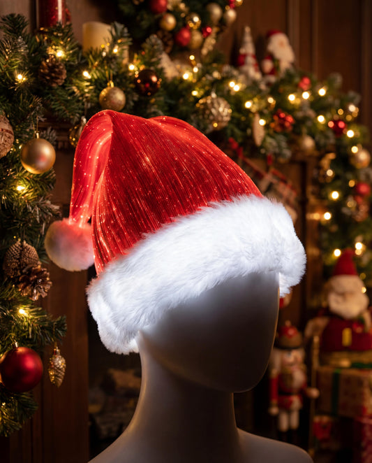 Red fiber-optic Santa hat glowing with LED illumination, displayed on a mannequin head in front of Christmas ornaments and warm holiday lights