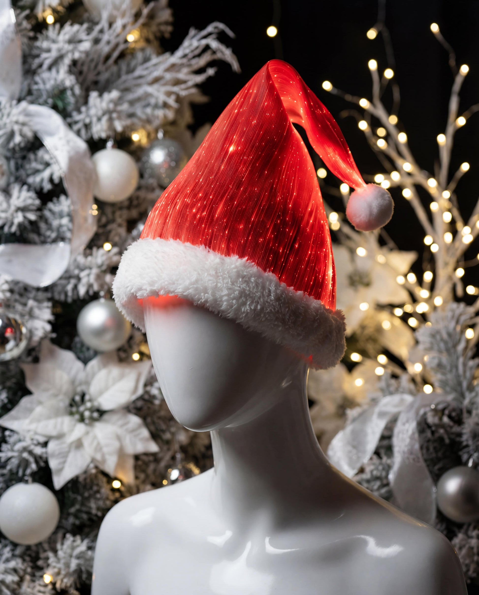 Mannequin wearing a glowing red fiber optic Christmas hat with white trim, posed in front of a decorated, illuminated Christmas tree
