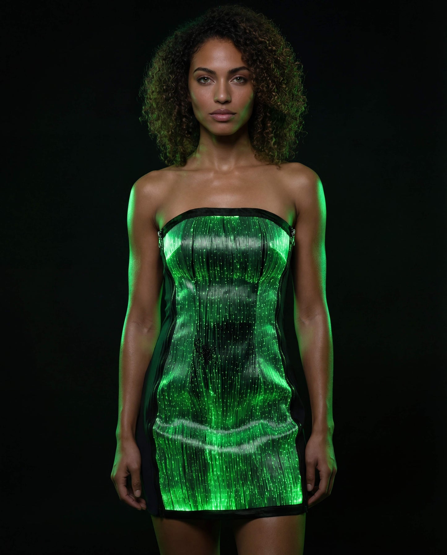 Woman wearing a strapless green illuminated fiber-optic dress against a black background