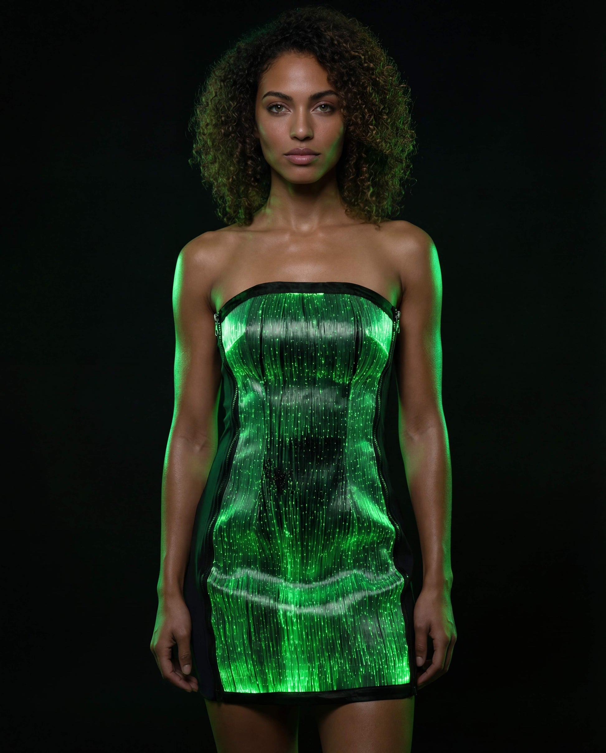 Woman wearing a strapless green illuminated fiber-optic dress against a black background