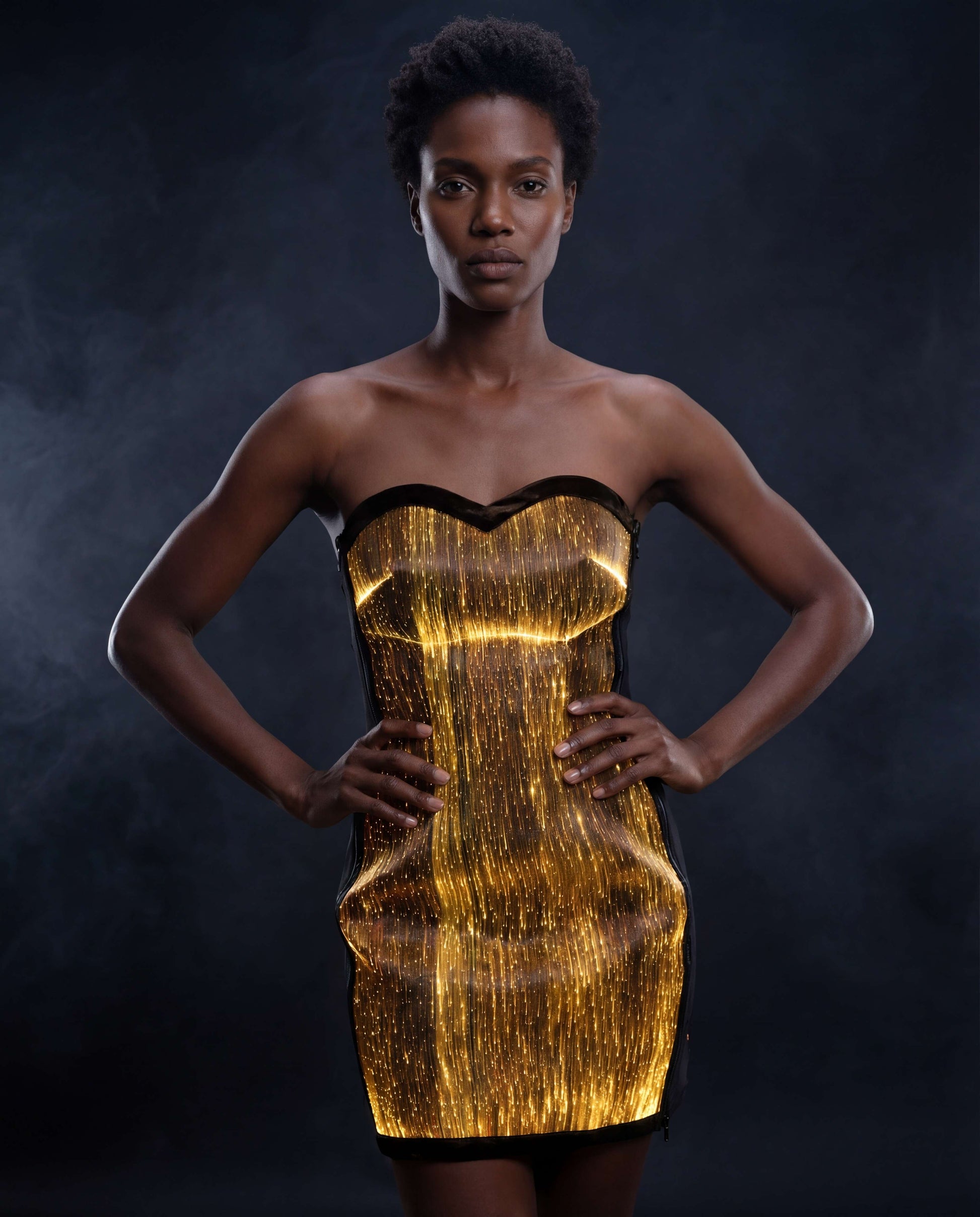 Woman wearing a strapless gold illuminated dress, standing against a dark smoky background