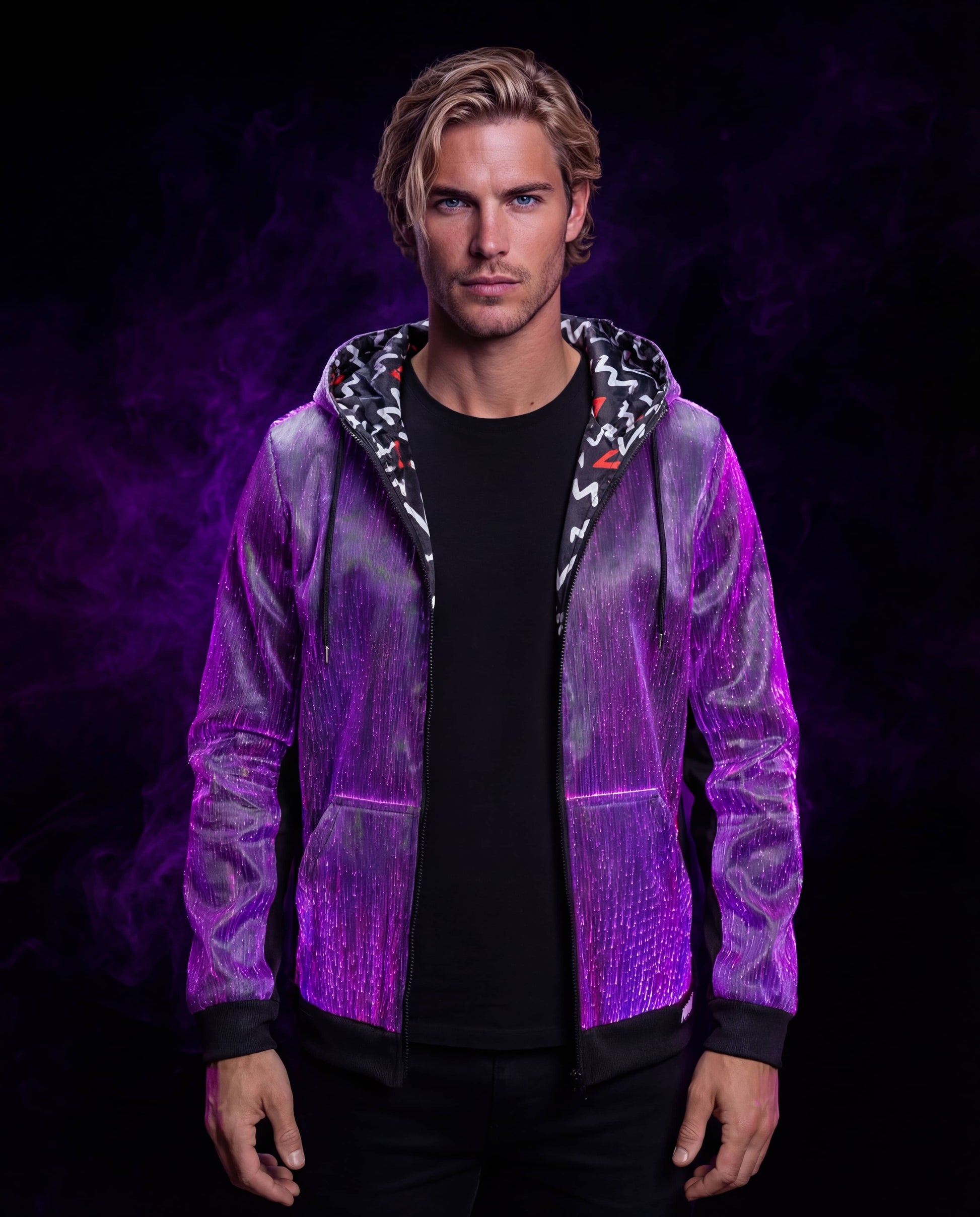 Man wearing a glowing purple fiber-optic hoodie against a dark purple smoke-filled background